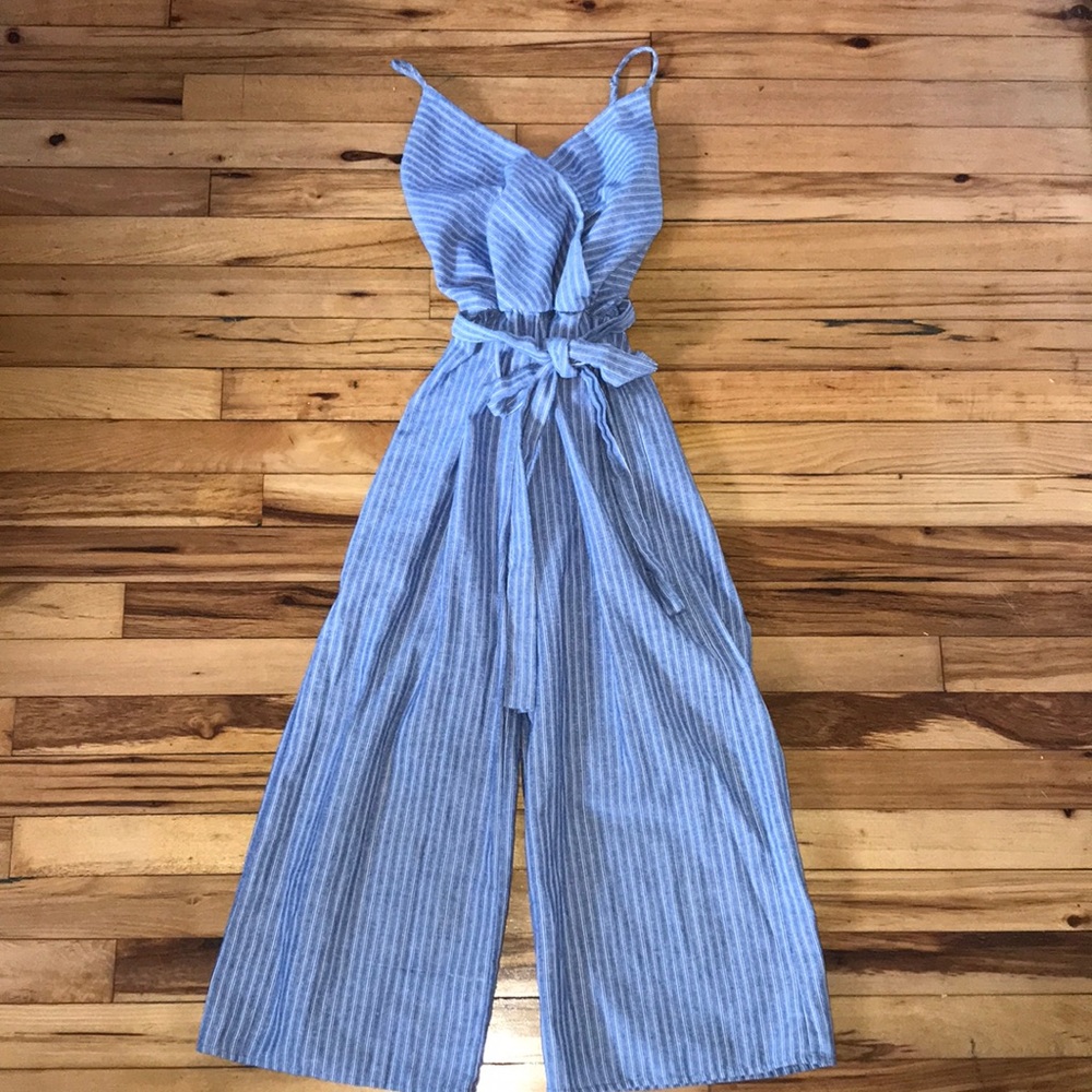 Blue white striped jumpsuit tie waist size XS
